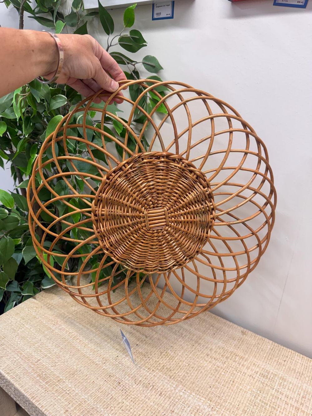 Vintage 1970s Rattan Wall Decor – Handwoven Cottagecore Wicker Basket Tray 16"